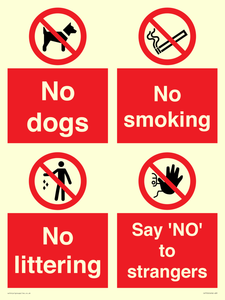 Playground Sign - No dogs, No smoking, No littering, Say 'NO' to strangers